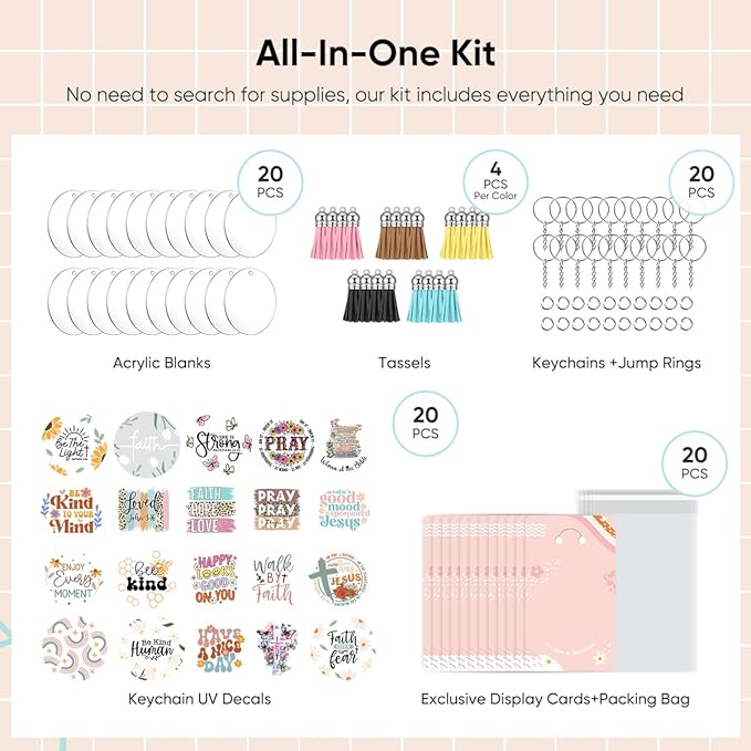 YOPPIX 140 PCS Acrylic Keychain Blank Set, Faith Double-Sided UV DTF Stickers Acrylic Keychain Making Kits for Vinyl DIY Craft Project