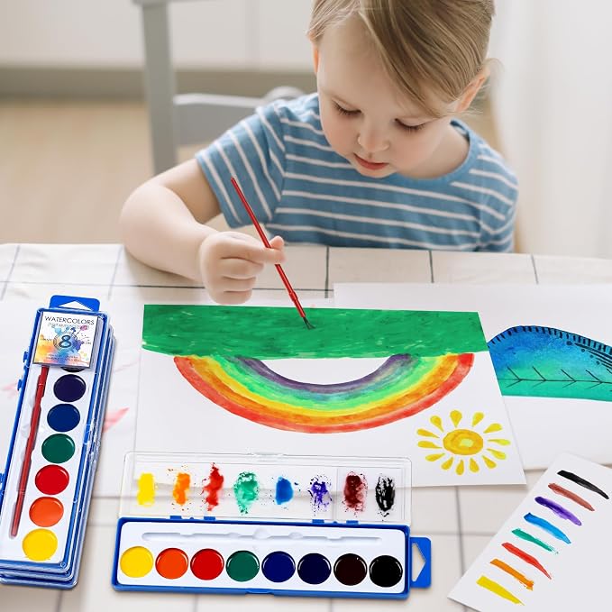 72 Pack Watercolor Paint Set, Washable Water Color Paint Bulk for Kids | Water Color Paint with Brushes, Ideal Gifts for Party Favors, School Supplies & Classroom Prizes, Art Activities, 8 Colors