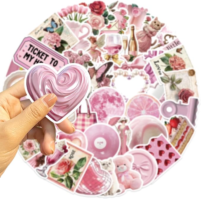 100pcs Vintage Pink Girls Stickers Coquette Pink Aesthetic Stickers for Water Bottles,Laptop Scrapbook Waterproof Computer Phone Guitar Aesthetic Decals