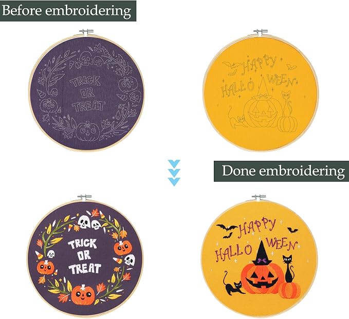 Santune 4-Pack Halloween Embroidery Kit Cross Stitch Kits for Beginners DIY Needlepoint Kit with 4 Embroidery Clothes Featuring Pumpkin Patterns,2 Hoops,Color Threads,Needles