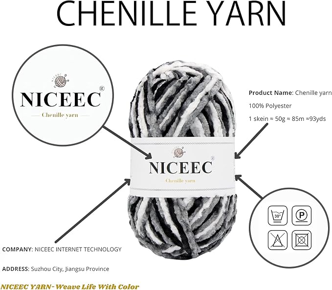 NICEEC 3 Skeins Soft Chenille Yarn 3x85m(3x93yds,3x50g)_Black White Gray
