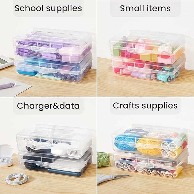 Sooez Plastic Pencil Case Box 6 Pack, Colored Large Craft Storage Bulk