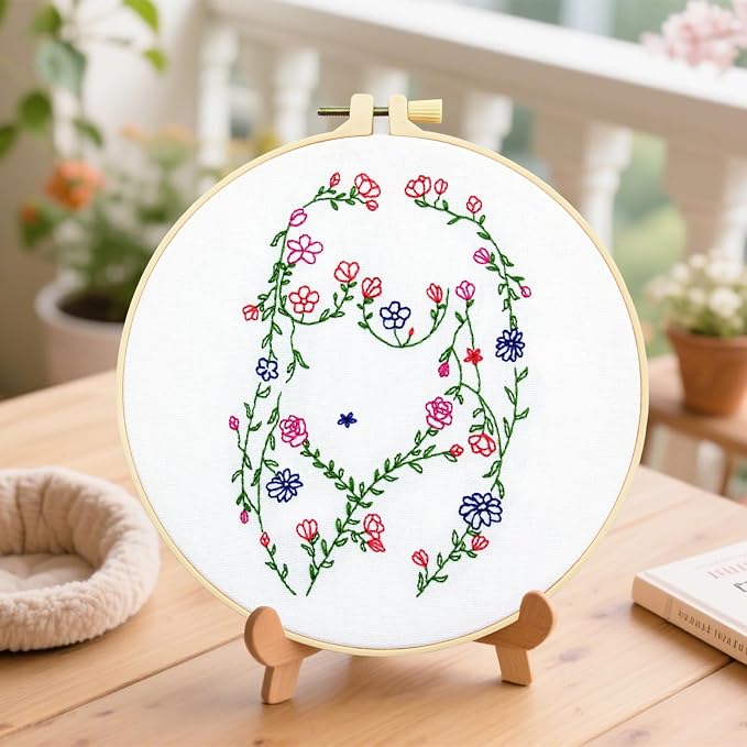 Woman Flowers Embroidery Kits for Beginners Adults, Floral Hand Embroidery Starters Kits, Stamped Cross Stitch Kits DIY Needlepoint Kits for Beginners Adult, Embroidery Hoop, Thread and Video Tutorial