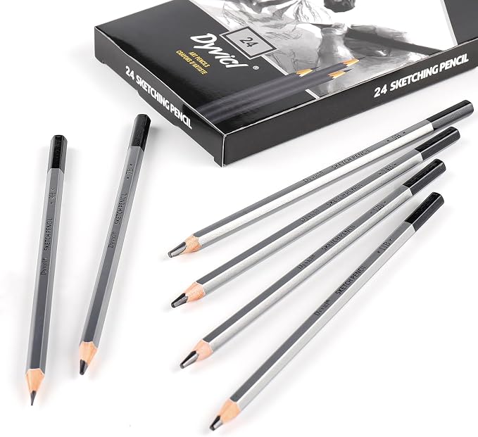 Dyvicl Professional Drawing Sketching Pencil Set - 24 Pieces Drawing Pencils 14B, 12B, 11B, 10B, 9B, 8B, 7B, 6B, 5B, 4B, 3B, 2B, B, HB, F, H, 2H, 3H, 4H, 5H, 6H, 7H, 8H, 9H Graphite Pencils