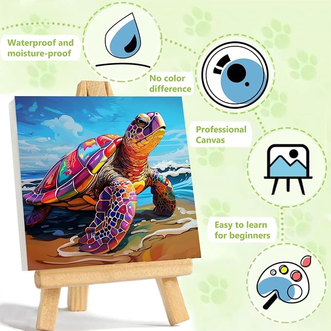 ajepon Sea Turtle Paint by Numbers Kit for Kids with Frame - Cute Turtle Paint by Number for Kids, Kid Painting by Number Kits Age 8-12 for Home Wall Decor 8X8inch (with Wooden Easel)