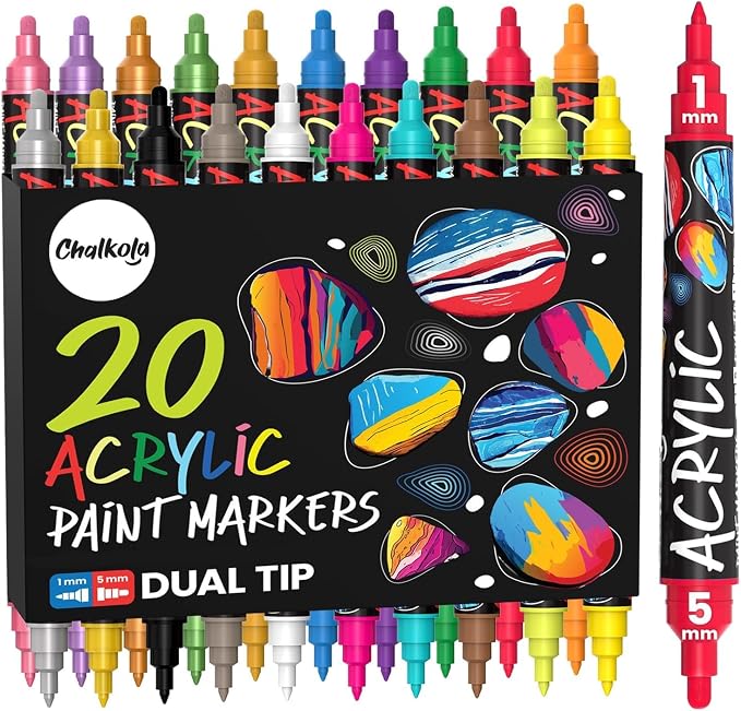 Chalkola 20 Dual Tip Acrylic Paint Markers for Canvas, Rock Painting, Wood | Acrylic Markers Kit for Ceramic, Glass, Fabric, Metal, Books - Permanent & Waterproof Fine Tip Paint Pens for Kids & Adults