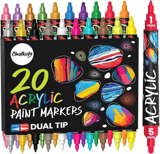 Chalkola 20 Dual Tip Acrylic Paint Markers for Canvas, Rock Painting, Wood | Acrylic Markers Kit for Ceramic, Glass, Fabric, Metal, Books - Permanent & Waterproof Fine Tip Paint Pens for Kids & Adults