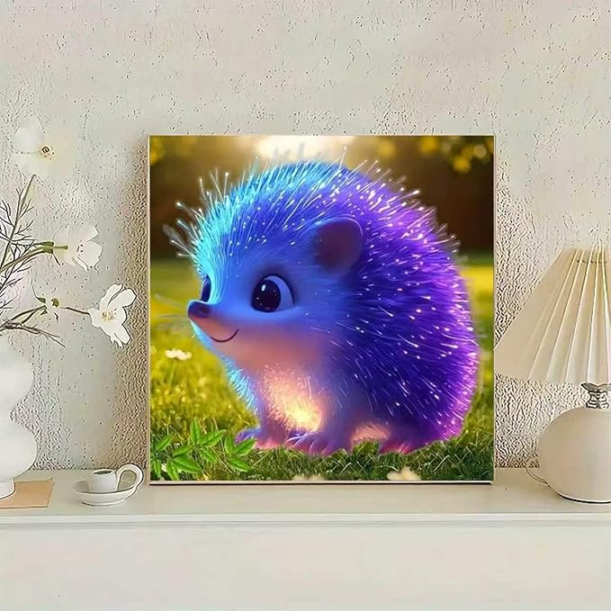 YIYITUPO Diamond Painting Kit, Cute Glowing Hedgehog Design, Blue and Purple Fantasy Animal Theme 14x14 inch