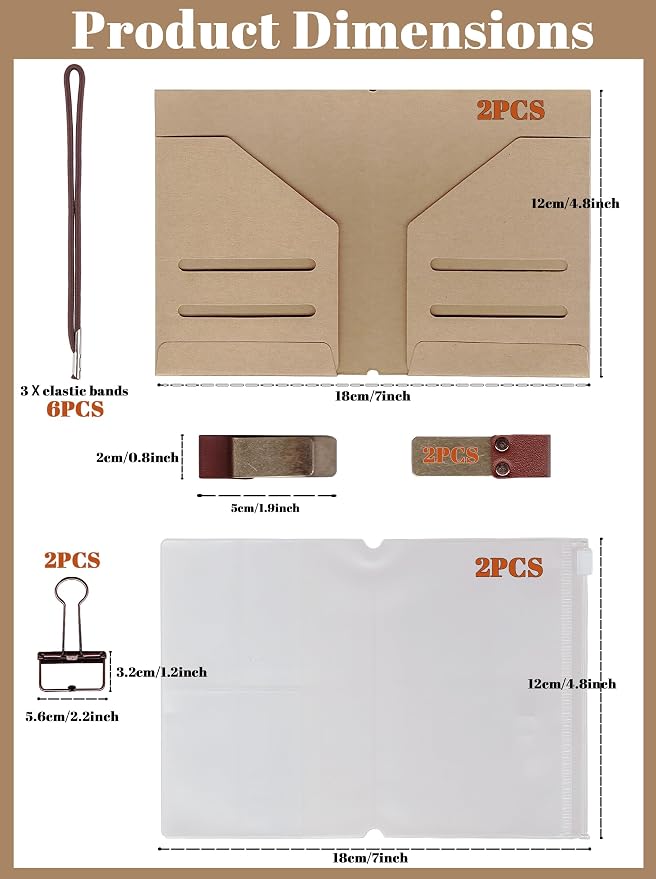 2 Pack Passport Travelers Notebook Accessories Kit Includes Kraft File Folders, PVC Zipper Pouches, Pen Holders, Binder Clips & Elastic Bands for Travel Journal Organizer Supplies