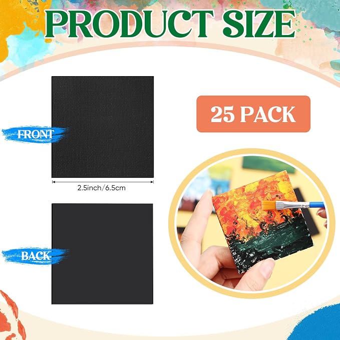 Supervitae 25 Pcs Mini Magnetic Canvas Panel for Painting, 2.5x2.5 Inch Small Canvas Boards with Magnet Square Mini Thin Tile Art DIY Craft Gift for Fridge Locker (Black)