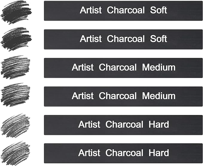 6 Pack Compressed Charcoal Sticks, Vine Charcoal Stick for Drawing, Sketching, Shading, Art Supplies Sketch Kits Tools Soft, Medium and Hard Grade