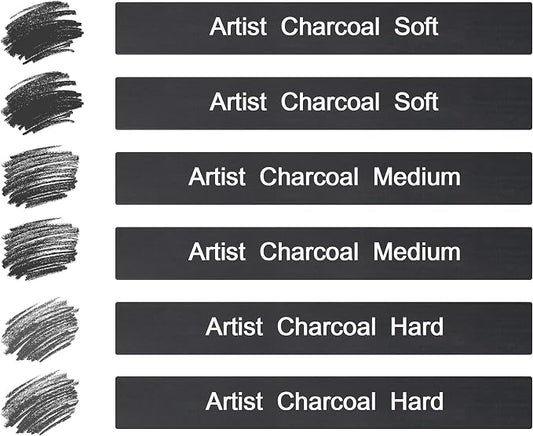 6 Pack Compressed Charcoal Sticks, Vine Charcoal Stick for Drawing, Sketching, Shading, Art Supplies Sketch Kits Tools Soft, Medium and Hard Grade