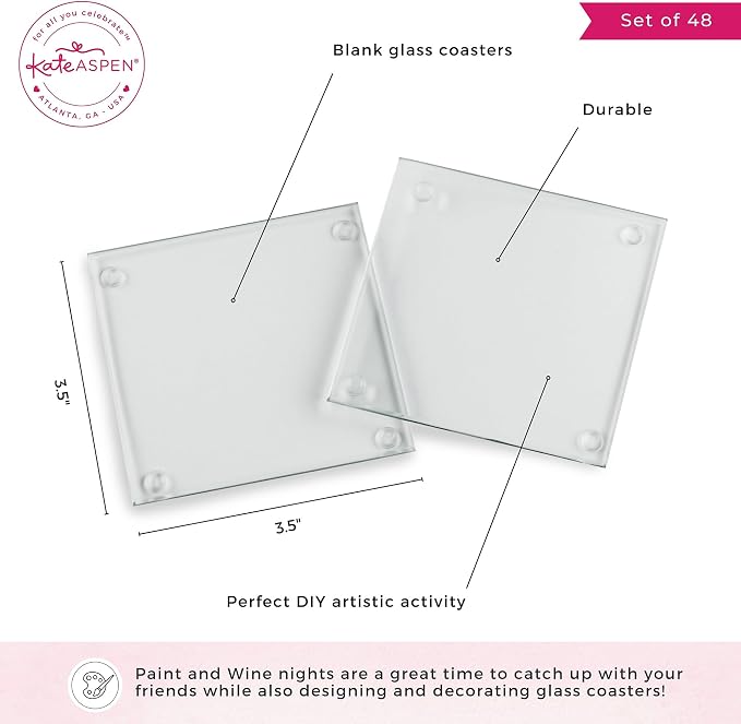 Kate Aspen Clear Glass Drink Coasters Set of 48 - DIY Sublimation Blanks for Drink Coasters, Wedding Favors, Home Décor, Bridal Shower Gifts, Fall Decorations, Bar Coasters, and Party Craft Supplies