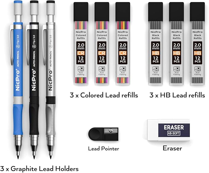 Nicpro 11 Pieces Colors 2mm Mechanical Pencil Set 3 PCS Carpenter Drafting