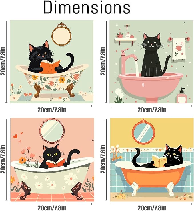 Canrichshop 4P Bathing Cat Paint by Numbers for Beginner with Frame,Black Cat Adult Painting by Numbers Kits on Canvas, DIY Oil Painting for Decor 8X 8 inch