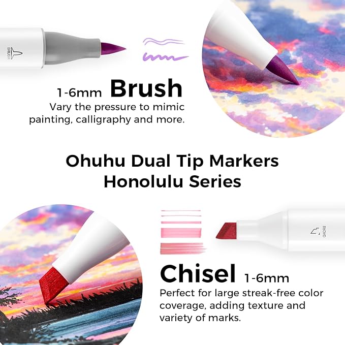 Ohuhu Alcohol Markers 104 Colors Brush& Chisel for Adults Cozy Coloring | AP Certified Refillable Art Marker, Dual Tips Alcohol-based for Artists Beginners Drawing Illustration Sketching, Honolulu