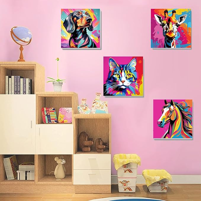 6 Pack Framed Paint by Numbers Kit for Kids, Horse Color By Number Painting Kits for Kids Ages 4-8-12, Cat Giraffe Paint by Numbers Canvas Children DIY Paints by Number Kits for Beginners 8x8Inch
