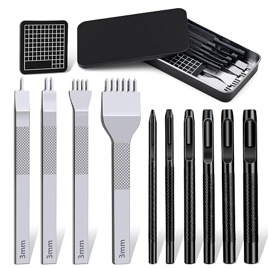 Leather Stitching Punch Hole Punch Tool Set, 3mm 1/2/4/6 Prong Punch Chisel