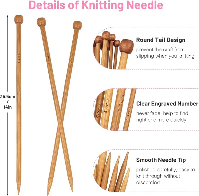Aeelike 18 Pairs Bamboo Knitting Needles Set, 2mm-8mm Wood Needle, Type D