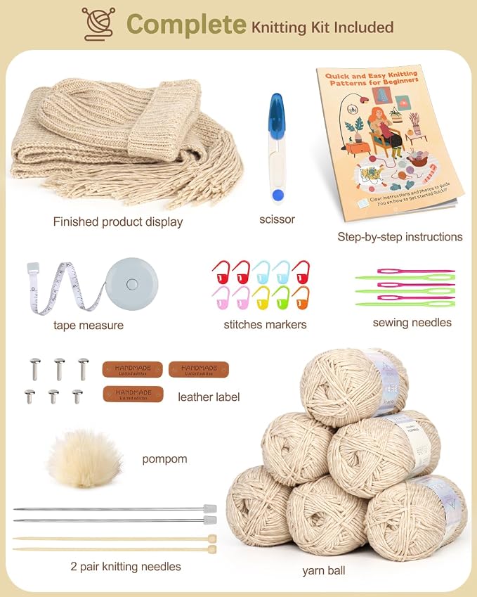 Katech Knitting Kit for Beginner- Learn to Knit Kit for Adults & Kids | Complete Hat, Scarf, Gloves Starter Knitting Kit with Step-by-Step Video Tutorials-Ideal Gift