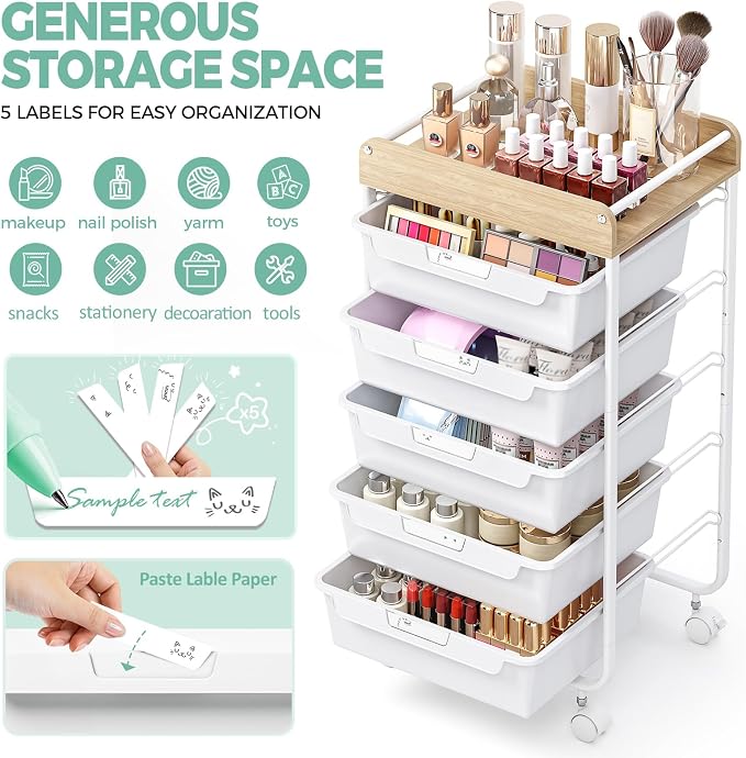 SYKIARIOL Utility Cart with Drawers,Craft Cart with 5 Drawers,White | Art Supply Organizer,Rolling Drawer Cart,Craft Storage Cart,Storage Drawer Carts With DIY Lable and Wooden Tabletop Area
