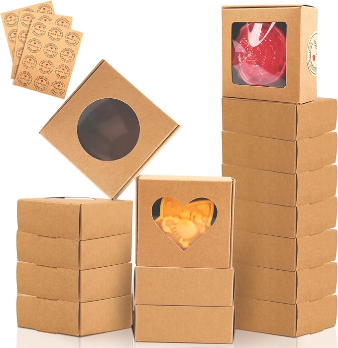 Moukiween Soap Boxes for Homemade Soap, Soap Packaging Gift Box with Window | 2.95 X 2.95 X 1.18 Inch Soap Packaging Gift boxes Brown with Window, Small Square Soap Wrapping Boxes (30PCS)