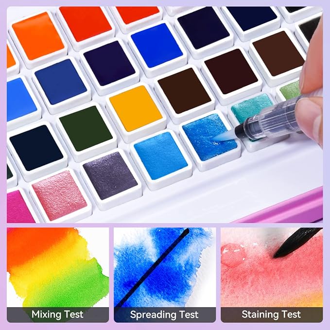MeiLiang 48 Colors Watercolor Paint Set with Brush | 36 Standard & 12 Glittery Colors, Carrying Box with Metal Ring, Ideal for Beginners, Professionals, and Art Lovers