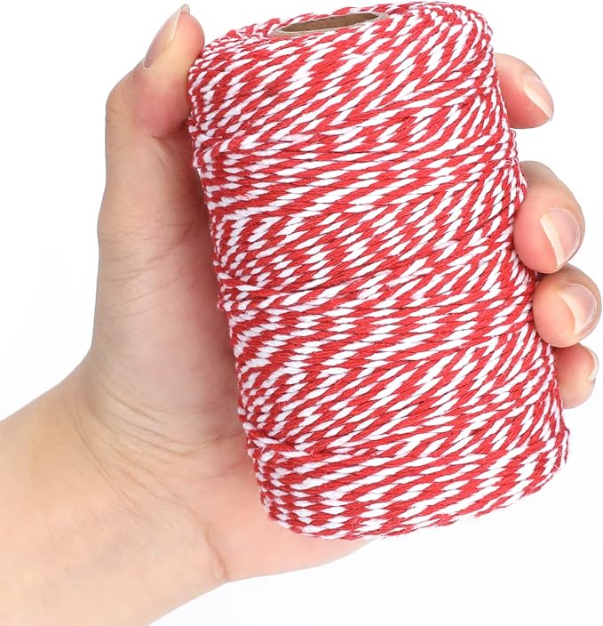 jijAcraft Red and White Twine, 2MM Cotton Bakers String, 656Ft Gift Wrapping Twine, Holiday Crafts String for Christmas, Mothers Day, Birthday