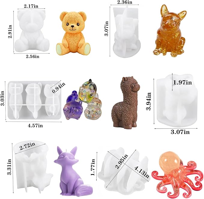 6PCS Animal Resin Mold, Alpaca, Bulldog, Fox, Cat,Bear and Octopus 3D Lifelike Silicone Molds for Epoxy Resin, Unique Display Mould for DIY Crafts Wall Desktop Home Decoration Candle Making (Model B)