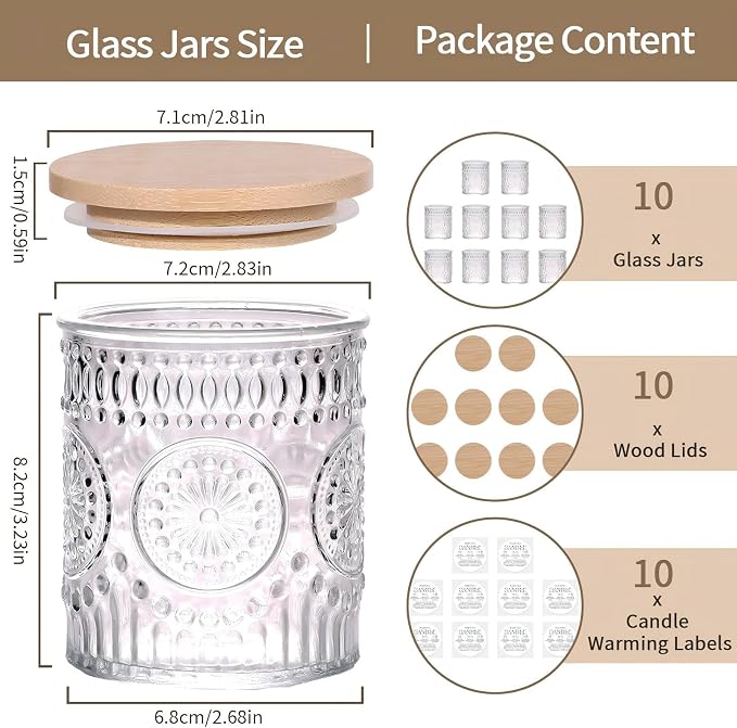 DARJEN 10 Pcs 8oz Glass Candle Jars with Lids, Candle Tins-Clear | Premium Thick Glass, Secure Wooden Lids- Candle Jars for DIY Candle Making, Stunning Sunflower Design