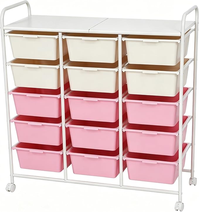 15-Drawer Rolling Storage Cart with Wheels, 2-Color Plastic Drawer Cart | Mobile Organizer Cart, Utility Storage Trolley for Office, Living Room, Craft Room, Bathroom, and Home Organization