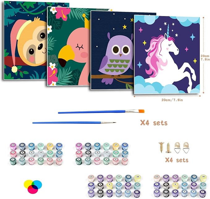 CarlonLin 4 Pack Paint by Number for Kids Framed Canvas, Paint by Numbers for Kids Ages 4-8-12, DIY Paint by Numbers Kits Beginner, DIY Acrylic Oil Painting for Home Wall Decor (8x8inch)