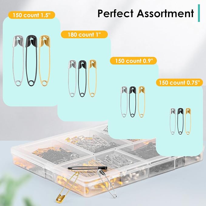 630 Pack Safety Pins Assorted, 5 Assorted Large Small Sizes, 3 Colors
