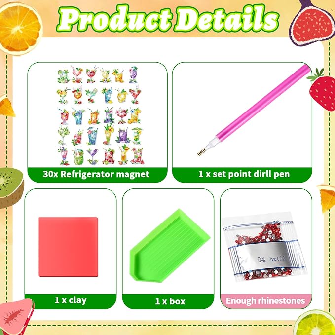 Remuuly 30 Pcs Cocktail Diamond Painting Magnets Diamond Art Kits for Adult | Tropical Drink Refrigerator Magnets, Cocktail 5D Rhinestone Fridge Magnetic Sticker, Diamond Club Gifts, Beginner DIY Crafts