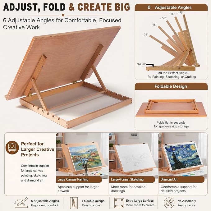 24.9"x17.3" Beechwood Tabletop Easel with Paint and Sketch Papers,Mask Tape | Extra Large Adjustable Art Easel Stand, Drawing Board for Painting, Sketching and Diamond Art