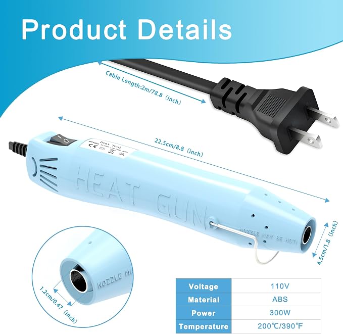 Heat Gun for Crafting, Mini Hot Air Gun Tool for Epoxy Resin, Shrunk Wrapping, Embossing, Electronics, Vinyl Wrap, Candle Making, Phone Repair & DIY - Blue
