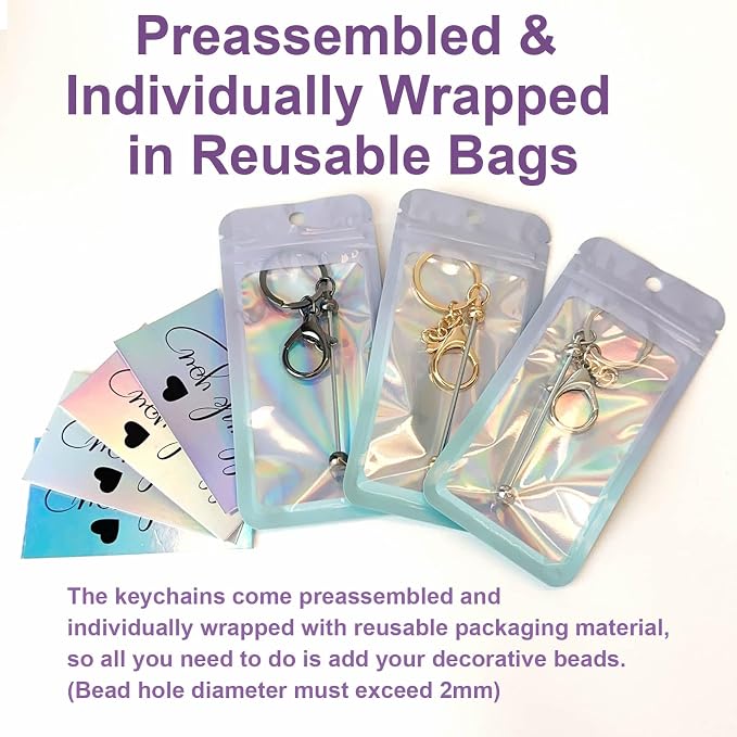 42/84/126 Pcs Beadable Keychain Bars Bulk Blank DIY Beaded Keychain Making Supplies with Bag Thank You Card