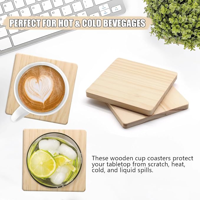 12 Pack 4 Inch Unfinished Square Wood Coasters with Non Slip Pad