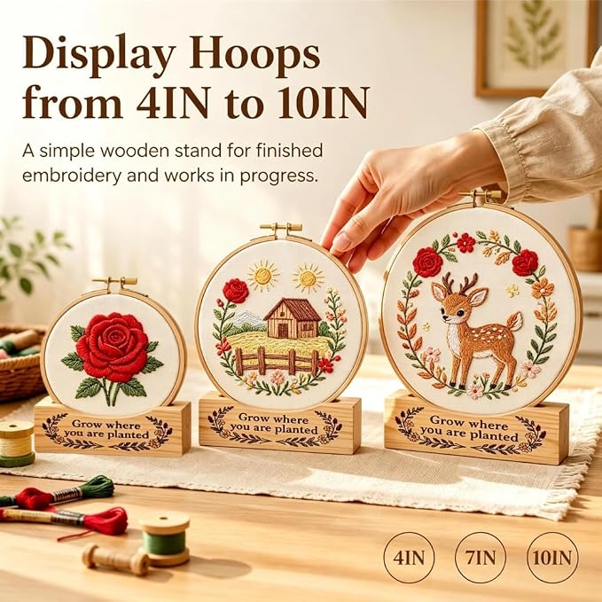 3Pack Embroidery Hoop Display Stand - 2-Tier Groove Wooden Base Fits 4-10 Inch Embroidery Hoops,Rectangle Embroidery Hoop Stand Base for Desktop Showcasing Finished Works & Organizing Projects Decor