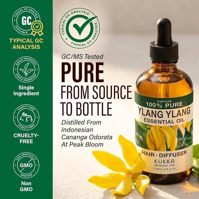 100% Pure Ylang Ylang Essential Oil 4 Fl Oz - for Hair, Skin and Diffuser | Ylang Ylang oil, Undiluted Floral Aroma, Aromatherapy, Perfume Blends, GC/MS Tested, with Dropper, Body and Scalp Care
