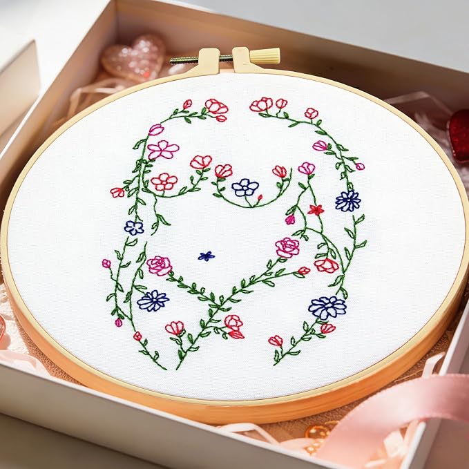 Woman Flowers Embroidery Kits for Beginners Adults, Floral Hand Embroidery Starters Kits, Stamped Cross Stitch Kits DIY Needlepoint Kits for Beginners Adult, Embroidery Hoop, Thread and Video Tutorial