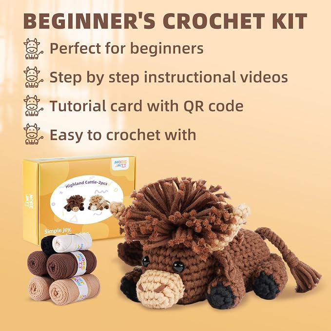 MOREJMTT Crochet kit for Beginners Adults, Learn to Crochet, Include Easy Knitting Soft Yarn, Step-by-Step Video Tutorial, Hook, Holiday Birthday Gift for Adults (Highland Cattle)