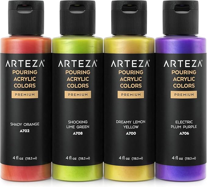 ARTEZA Iridescent Metallic Acrylic Paint, Set of 4, Sherbet Tones, 4 fl oz, High-Flow Paint for Canvas, Glass, Wood, Ceramics