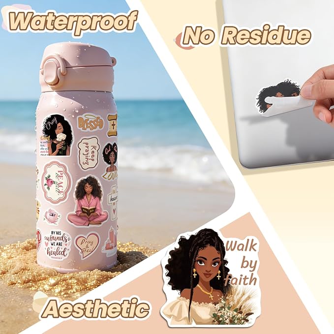 260+ Christian Stickers for Black Girls, Waterproof Vinyl Religious Bible Verse Sticker Book for Water Bottle Laptop Scrapbook Journaling Planner, Bible Study Prayer Vision Board Supplies for Women