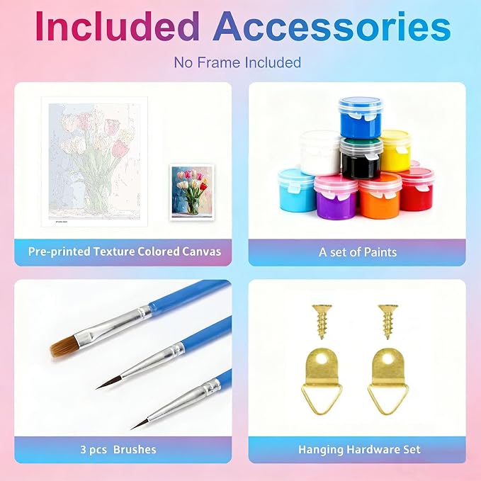 Gemozaic Tulip Paint by Numbers Kit for Adults, Rolled Canvas, 12 x 16 in | Easy Floral Paint by Number for Beginners, DIY Acrylic Numbers Painting for Home Wall Decor, Gift, Unframed, Rolled-up Pack