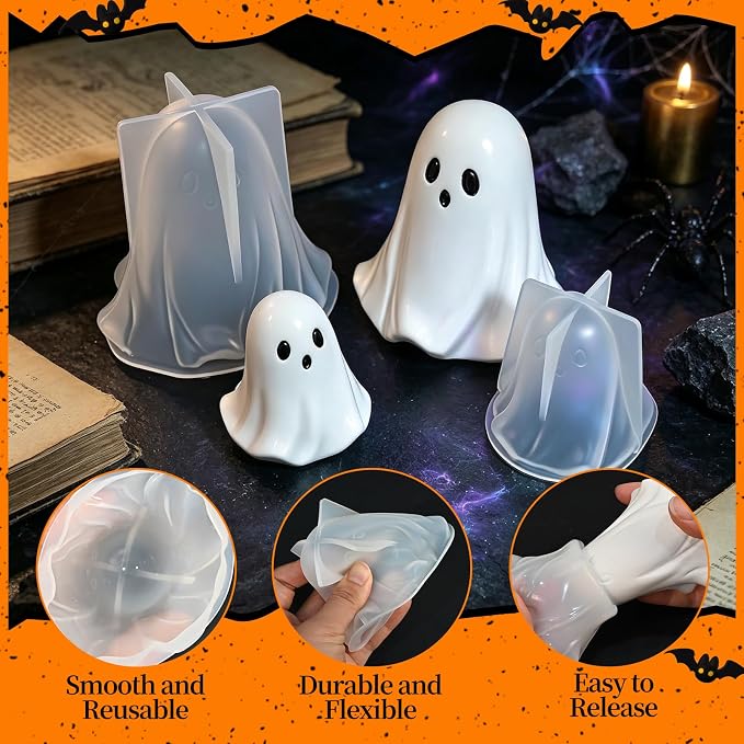 Halloween Ghost Mold, Set of 2 Size Large + Small Ghost Molds | Little Ghost Silicone Molds for Candle, Epoxy Resin Casting, Handmade Soap, Scented Plaster Halloween Craft Gift Home Decor
