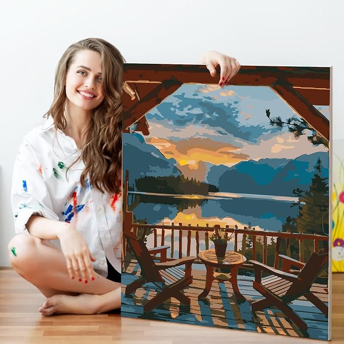 Fountor Sunset Paint by Numbers Kit for Adults Beginner 16x20 Inch | DIY Acrylic Painting by Numbers Mountain Lake Landscape, Without Frame Canvas, Stress Relief Craft Kits, For Home Decor Gift