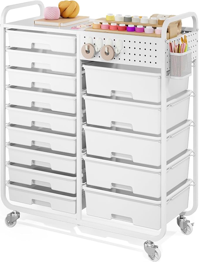 14 Drawer Rolling Storage Cart with Tabletop and Pegboard for Crafts White | Easy Setup, Large Capacity, Sturdy Build, Smooth Mobility, For classroom, office and dorm supplies