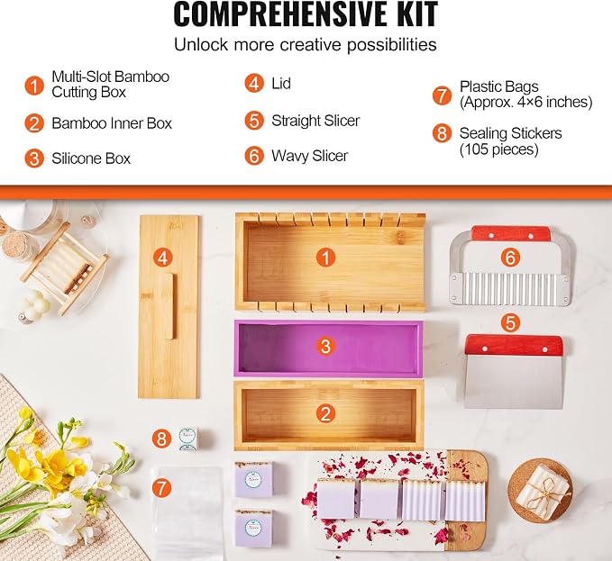 VEVOR Soap Making Kit, Bamboo Cutting Box and Inner Box with Silicone Mold, Stainless Steel Straight Cutter and Wavy Cutter, 100 Bags and 105 Stickers, Soap Making Supplies DIY Kits for Adults