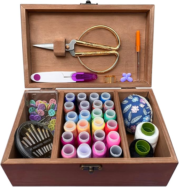 Wooden Sewing Kit Box with Cute Sewing Accessories, Sewing Basket Kit for Adults Beginners Kids Girls, Home Hand Sewing Starter Kit